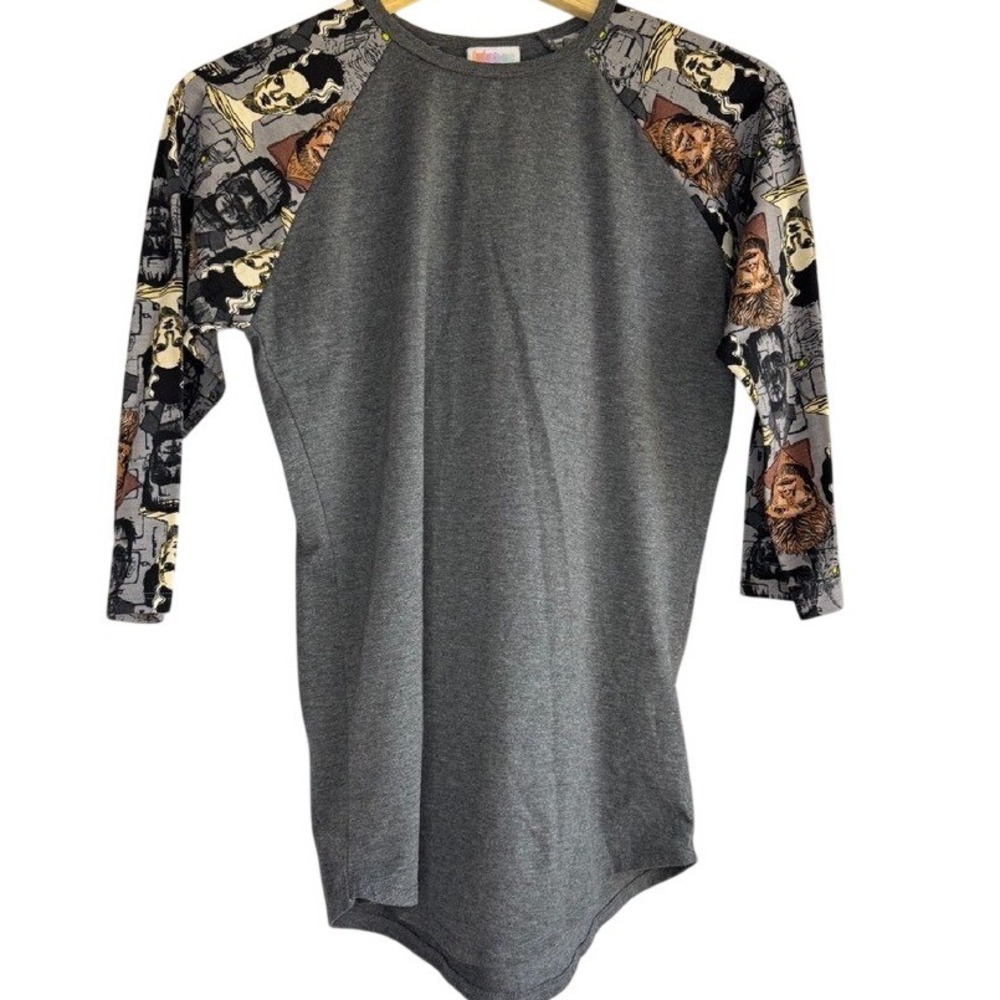 NWOT RARE LuLaRoe Dark Gray Tee Monster Print 3/4 Sleeve Top XS Halloween Fall